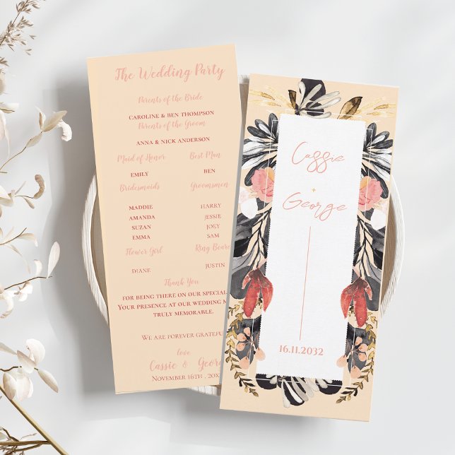 Cartão de Programa de Casamento Floral Elegante Ro (Elegant Blush & Black Floral Wedding Program Card)