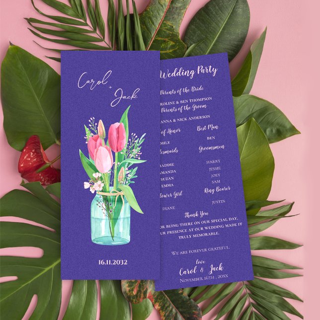 Cartão de Programa de Casamento Floral em Pote de  (Rustic Mason Jar Floral Wedding Program Card)