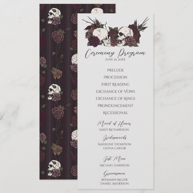 Cartão de Programa de Casamento Floral Gótico Cinz (Frente/Verso)