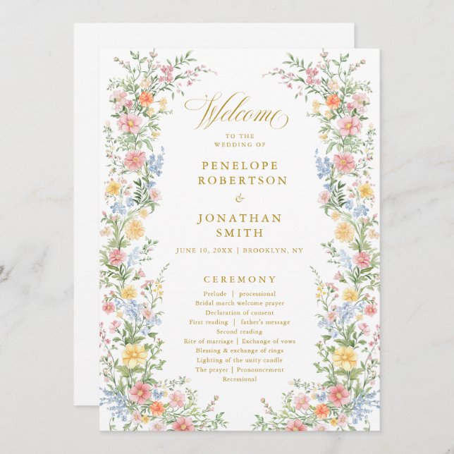 Cartão de Programa de Casamento Floral Jardim Prim (Frente/Verso)