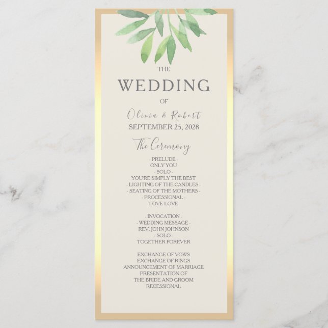 Cartão de Programa de Casamento Greenery Gold (Frente)