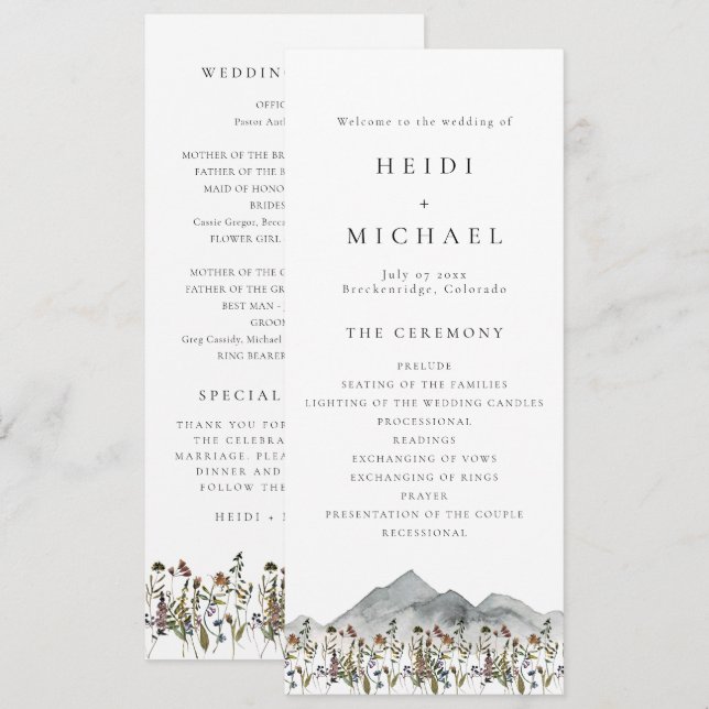 Cartão de Programa de Casamento Longo com Flor Sil (Frente/Verso)