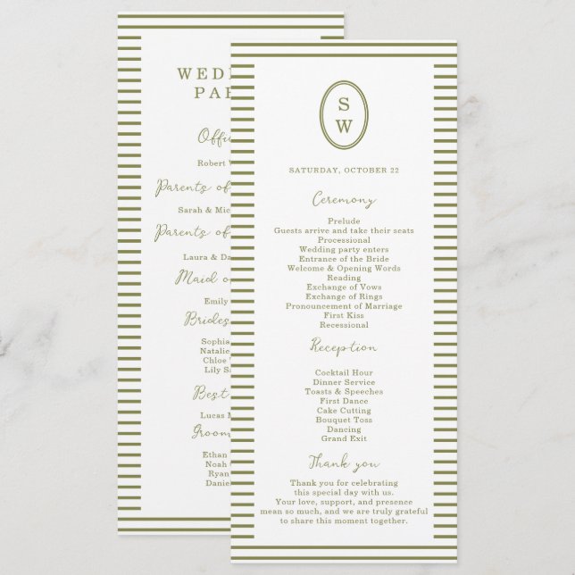 Cartão de Programa de Casamento Moderno Verde Oliv (Frente/Verso)