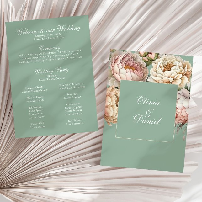 Cartão de Programa de Casamento no Jardim de Peôni (Boho Pastel Sage & Blush Peonies Wedding Program on a sunny neutral dry palm leaf.)