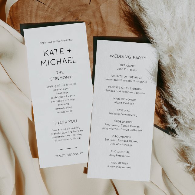 Cartão de Programa de Casamento Preto e Branco Ele (Elegant Minimalist Black and White Double Sided Wedding Program)