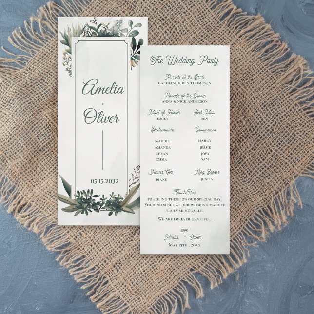 Cartão de Programa de Cerimônia de Casamento com F (Elegant Botanical Greenery Wedding Program Card | Sage Green Foliage Ceremony Program)
