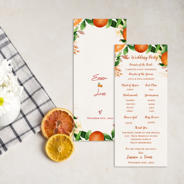 Cartão de Programa de Cerimônia de Casamento Laran (Order of Ceremony Orange Wedding Program Card)