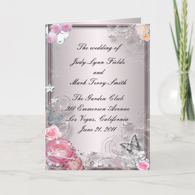 Cartão de Programa de Flor e Borboleta Rosa (Frente)