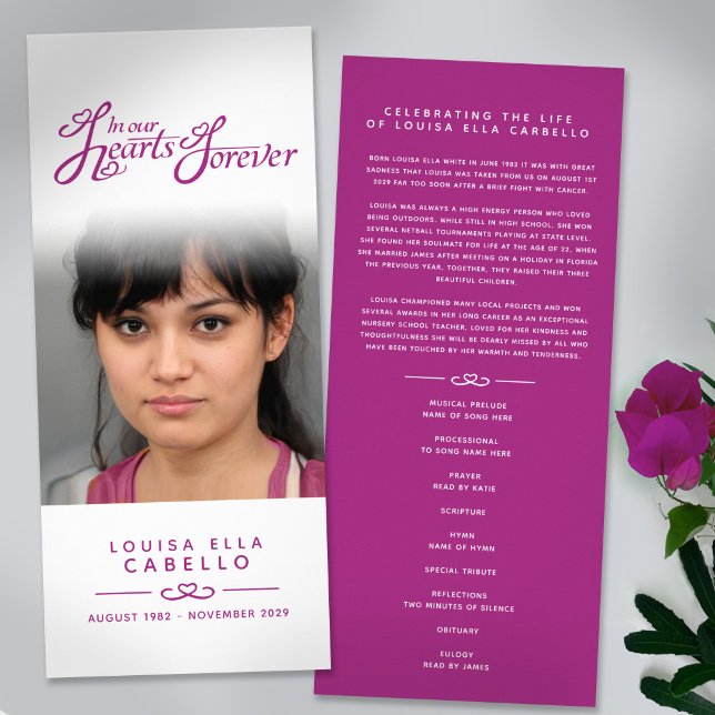 Cartão de programa de funeral fino com foto roxa b (Criador carregado)