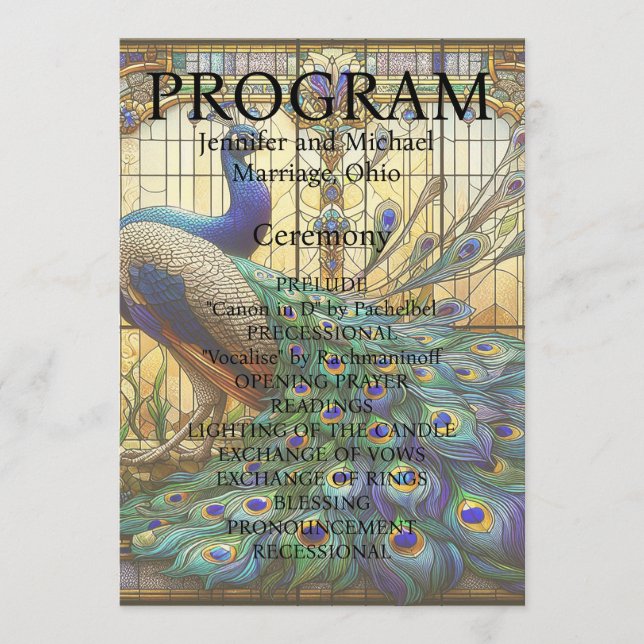 Cartão de Programa de Vidro Pintado Casamento Pavã (Frente)