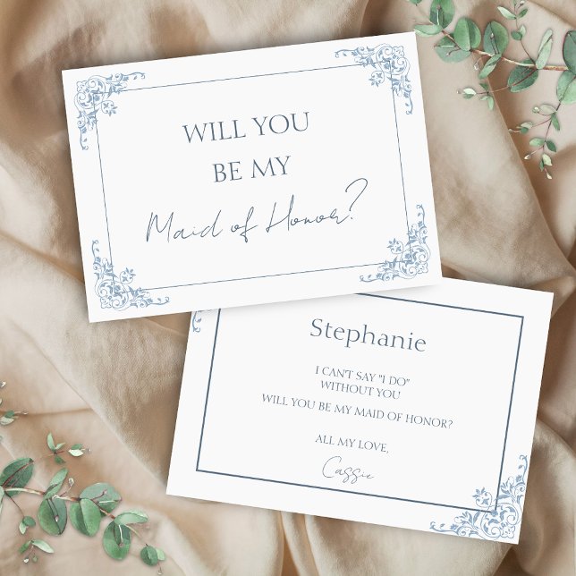 Cartão de Proposta de Madrinha de casamento Azul-C (elegant blue and white vintage minimalist will you be my maid of honor bridal proposal for matrons)