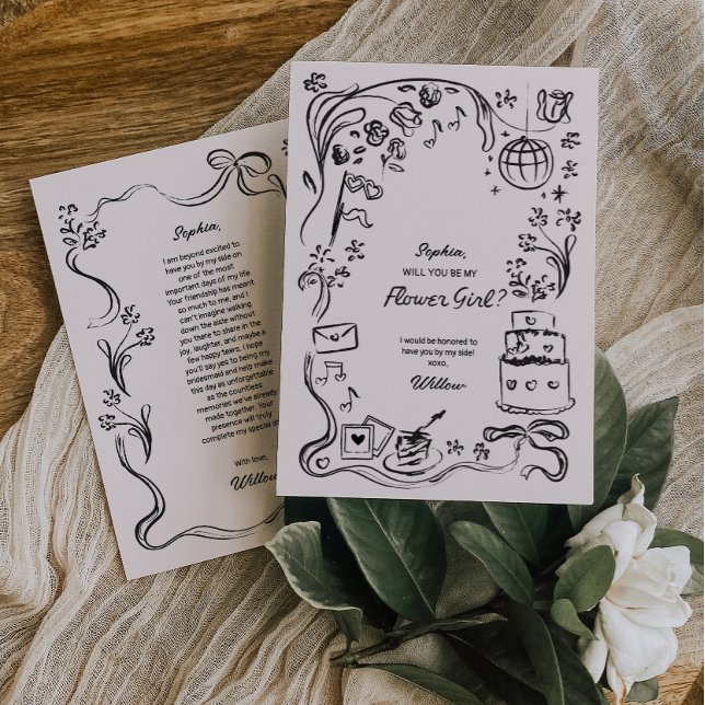 Cartão de Proposta de Menina de Flor Desenhada à M (flower girl proposal card)