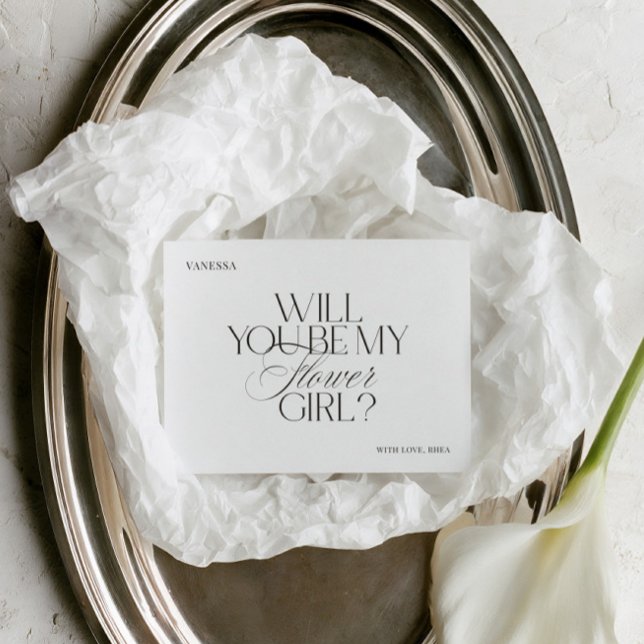 Cartão de Proposta de Menina de Flores Branco Eleg (Modern Elegant White Flower Girl Proposal Card)