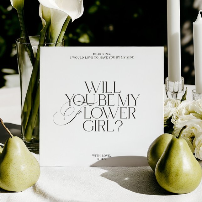 Cartão de Proposta de Menina de Flores Clássico Mo (White Modern Classic Flower Girl Proposal Card)