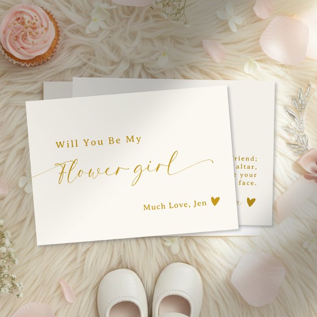 Cartão de Proposta de Menina Dourada de Flor com S (Creamy White Gold Script Flower Girl Proposal Card)