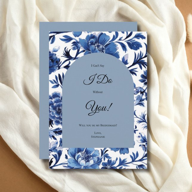 Cartão de Proposta Floral de Bridesmaid Azul Toile (Blue Toile Chinoiserie Watercolor Floral Bridesmaid Maid of Honor Proposal card. Printed or Digital)