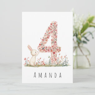 Cartão de Quarto Aniversário Floral Quatro e Coelh