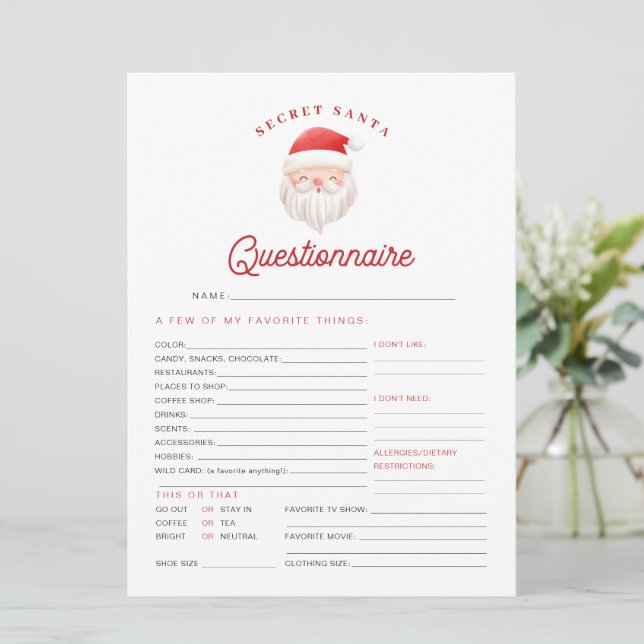 Cartão de Questionário de Papais noeis Secretos de (Em pé/Frente)