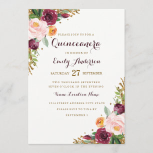 Cartão de Quinceanera com Brilho Floral Dourado Bo