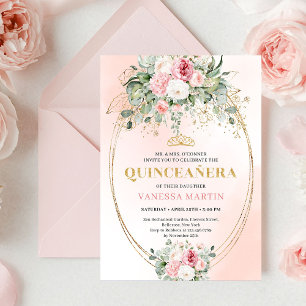 Cartão de Quinceañera em Rosa Dourado Pálido Boêmi