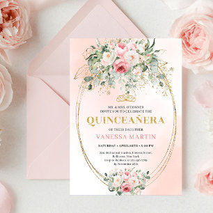 Cartão de Quinceañera em Rosa Dourado Pálido Român
