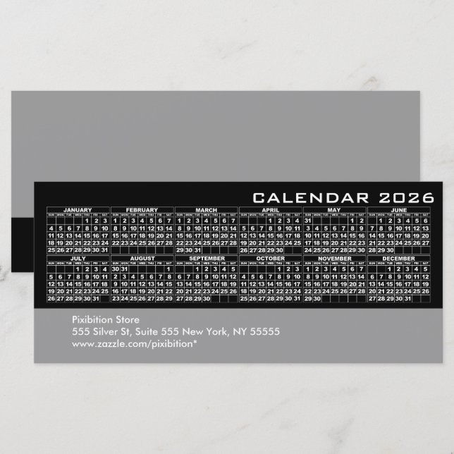 Cartão de Rack de Calendário 2026 Preto (Frente/Verso)
