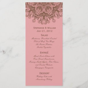 Cartão de Rack do Menu Casamento Rosa e Castanho