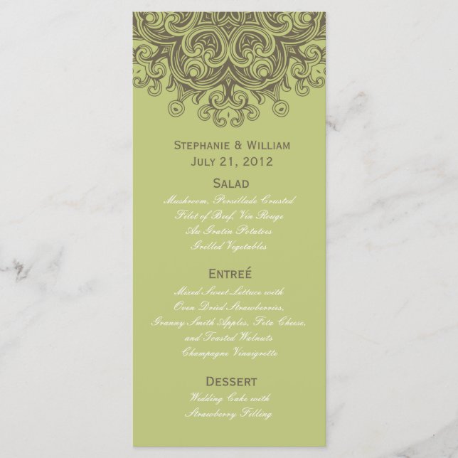 Cartão de Rack do Menu de Casamento Verde da Vinta (Frente)