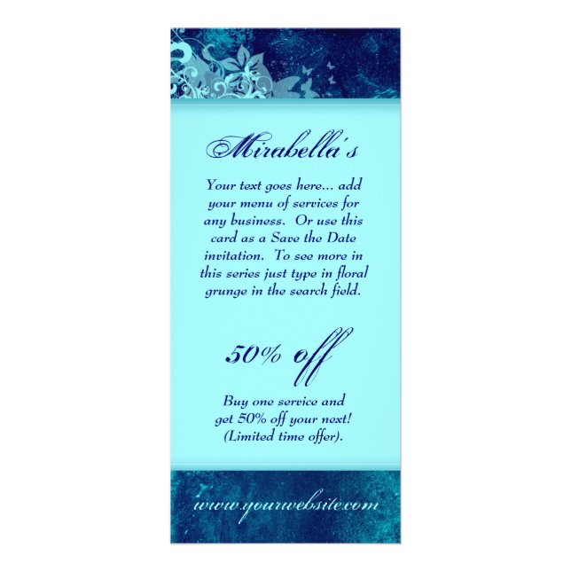 Cartão De Rack Floral Grunge Salon Spa Azul Página (Frente)