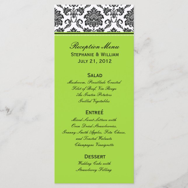 Cartão de Rack Menu de Casamento Verde Damask (Frente)