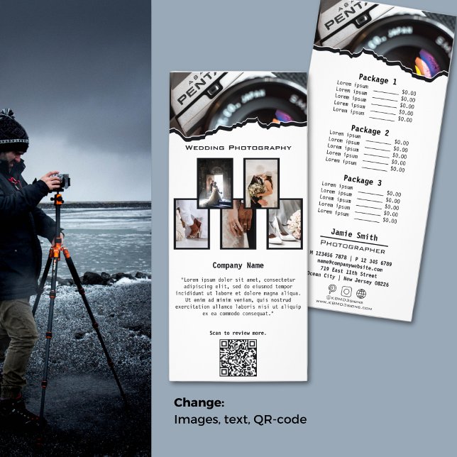 Cartão de Rack para Fotografia de Casamento Branco (Modern White & Black Wedding Photography Rack Card)