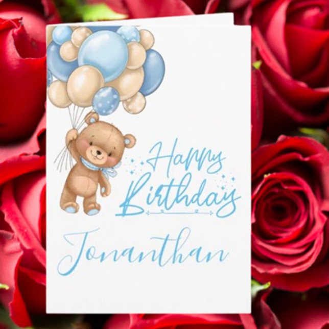 cartão de rapaz primeiro aniversario de ursinho gi (Celebrate a baby boy’s first birthday with this adorable teddy balloon card.)