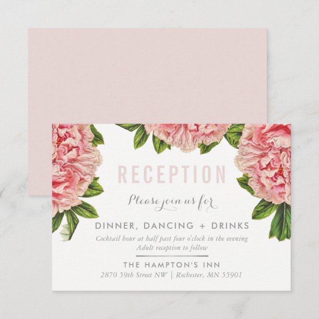 CARTÃO DE RECEÇÃO rosa floral chic flor peônia (Frente/Verso)
