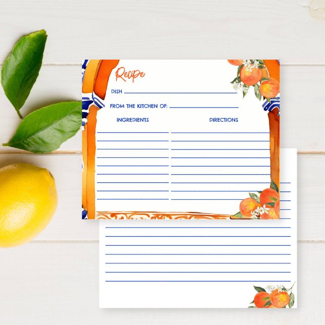 Cartão de receita de azulejos azulejo talavera azu (Orange blue azulejo talavera tiles recipe card Spanish citrus oranges bridal shower recipe card)