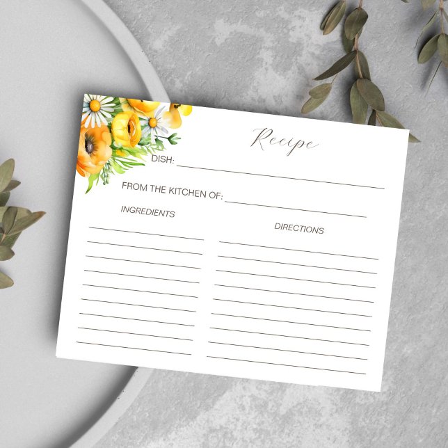 Cartão de receita de chá de panela de flores de pr (Spring summer yellow flowers bridal shower recipe card)