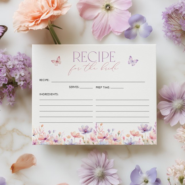Cartão de Receita de Chá de Panela Vida de Borbole (Bridal Shower Recipe Card | Pastel wildflower butterfly theme | Here's to a lifetime of butterflies)