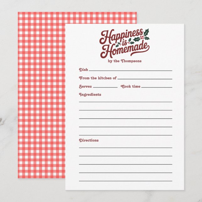Cartão de Receita de Férias Gingham Happiness is H (Frente/Verso)
