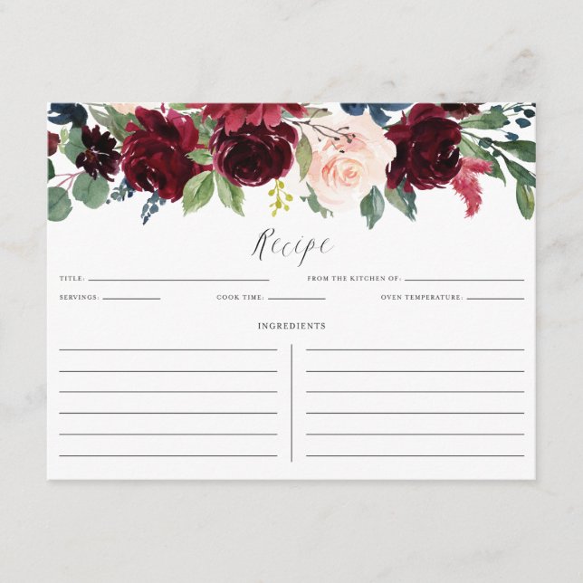 Cartão de Receita de Grinalda Floral Burgundy e Az (Frente)