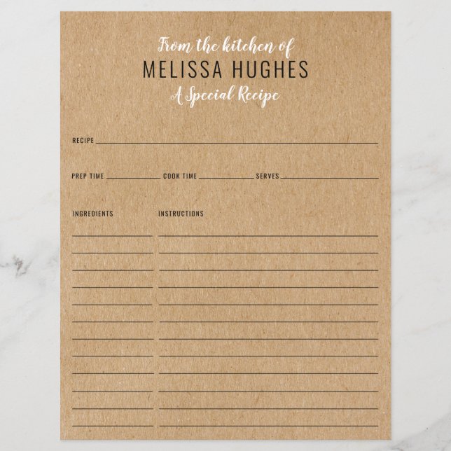 Cartão de Receita de Kraft Rústico da Cozinha (Frente)