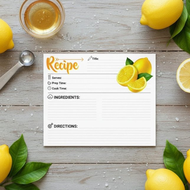 Cartão de Receita de Limão Moderno em Branco dos D (printable recipe card template)