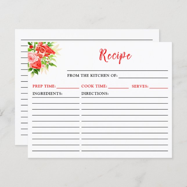 Cartão de Receita de Melancia e Pomegranato (Frente/Verso)