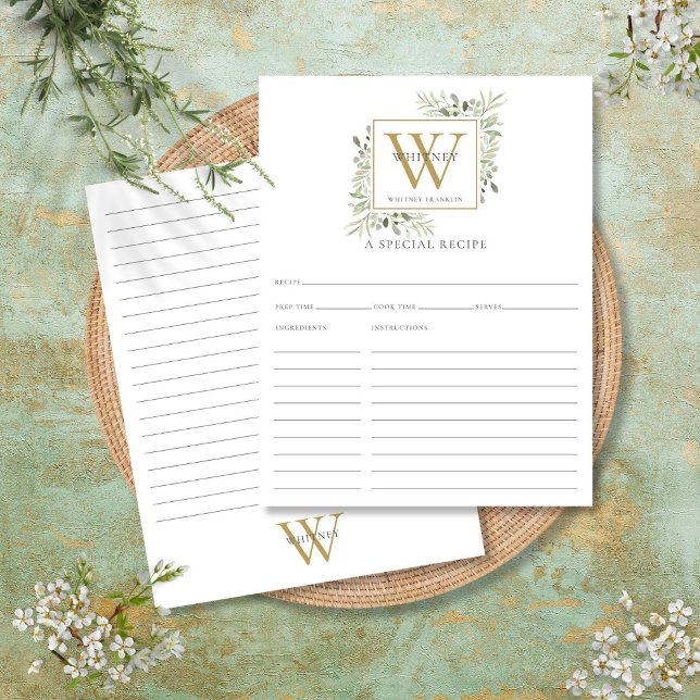 Cartão de Receita de Monograma Dourado Verde (Watercolor Greenery Gold Monogram Recipe Card)