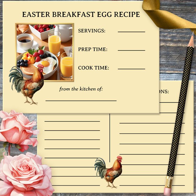 Cartão de Receita de Ovo de Galeria do Café da Man (Elegant Easter egg breakfast recipe card featuring your custom photo with a rooster.)
