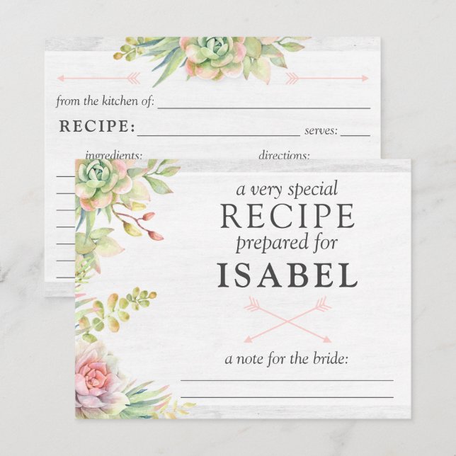 Cartão de Receita de Suculentas em Aquarela Rústic (Frente/Verso)