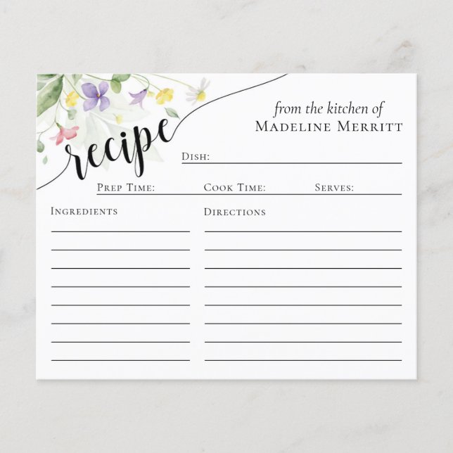 Cartão de Receita Elegante Simples Aquarela Flores (Frente)
