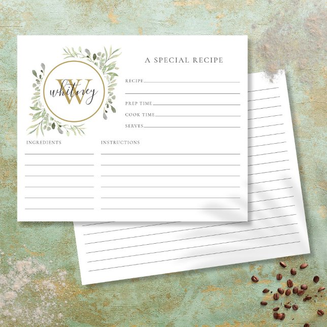 Cartão de Receita Monograma Dourado de Folhagem co (Elegant Script Gold Monogram Greenery Recipe Card)