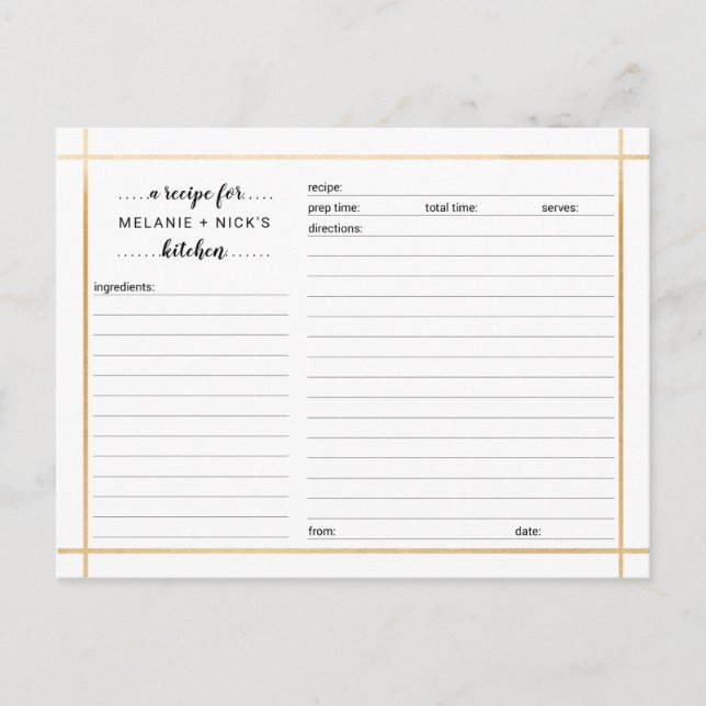 Cartão de receita para chá de noiva, moldura doura (Frente)