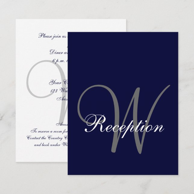 Cartão de Recepção de Casamento Azul Naval Cinza (Frente/Verso)