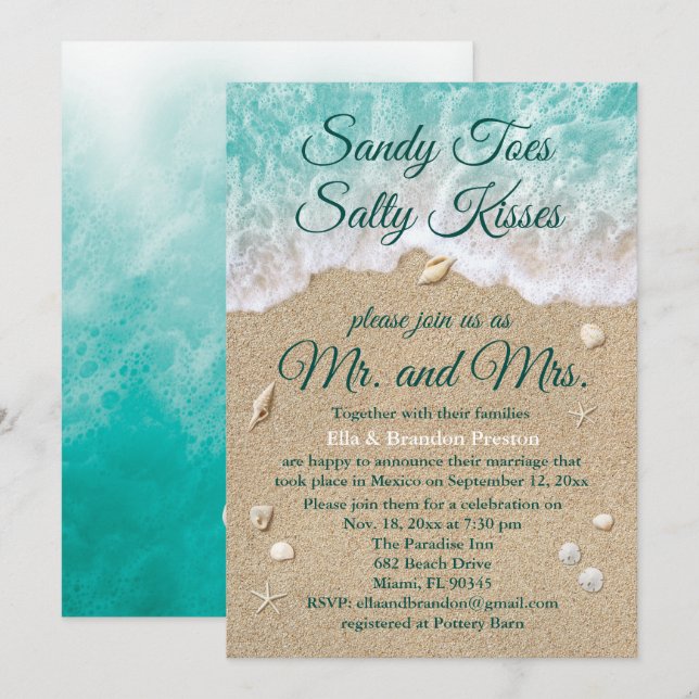 Cartão de Recepção de Casamento Beach Waves (Frente/Verso)