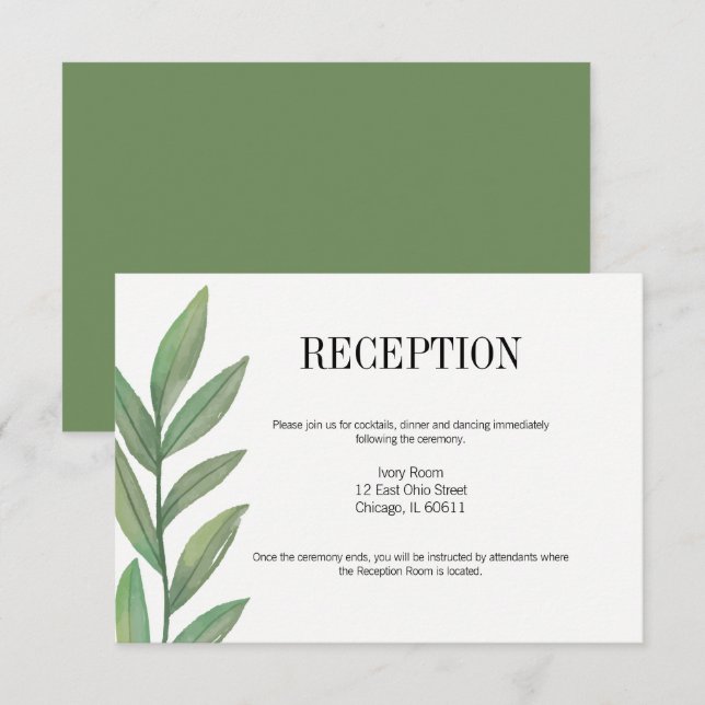 Cartão de Recepção de Casamento com Folhas Verdeja (Frente/Verso)